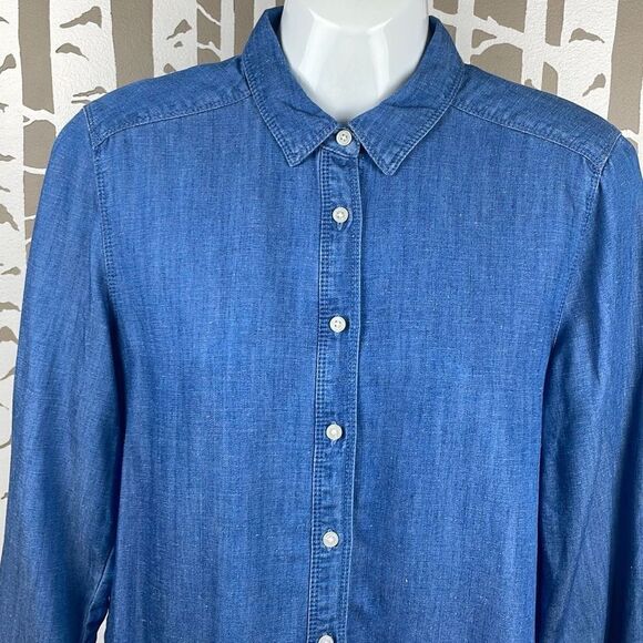 LOFT The Softened Blue Linen Blend Chambray Button Down Shirt sz M Petite - Picture 7 of 11